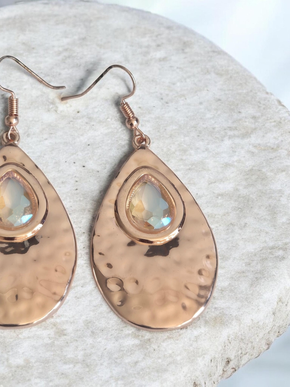Rose Gold Teardrop Earrings with Iridescent Crystal